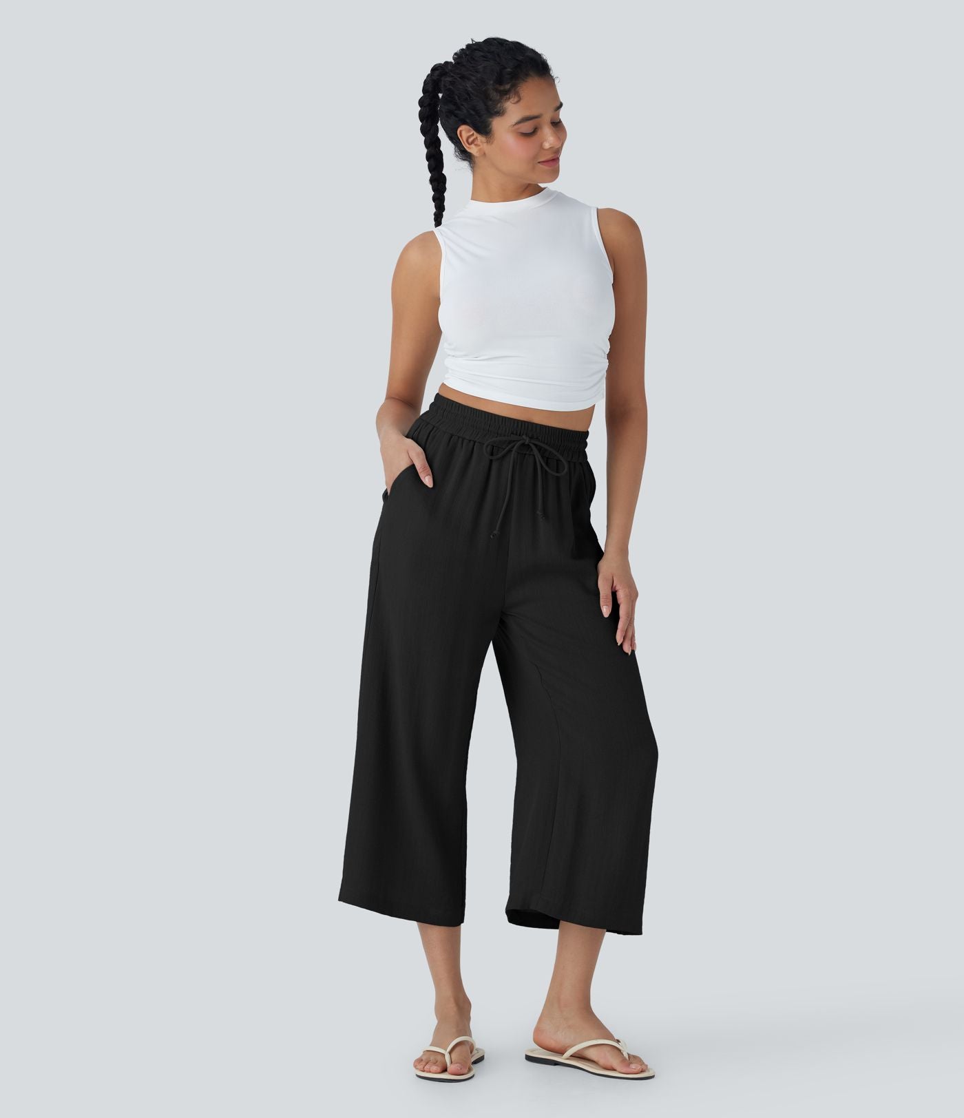 Pantalon décontracté aspect lin 7/8 à taille haute, jambe large avec cordon de serrage et poches latérales