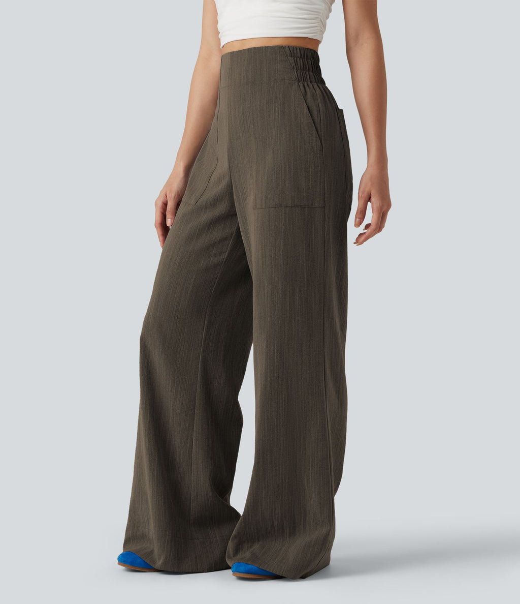 Pantalon flare taille haute effet lin avec poches