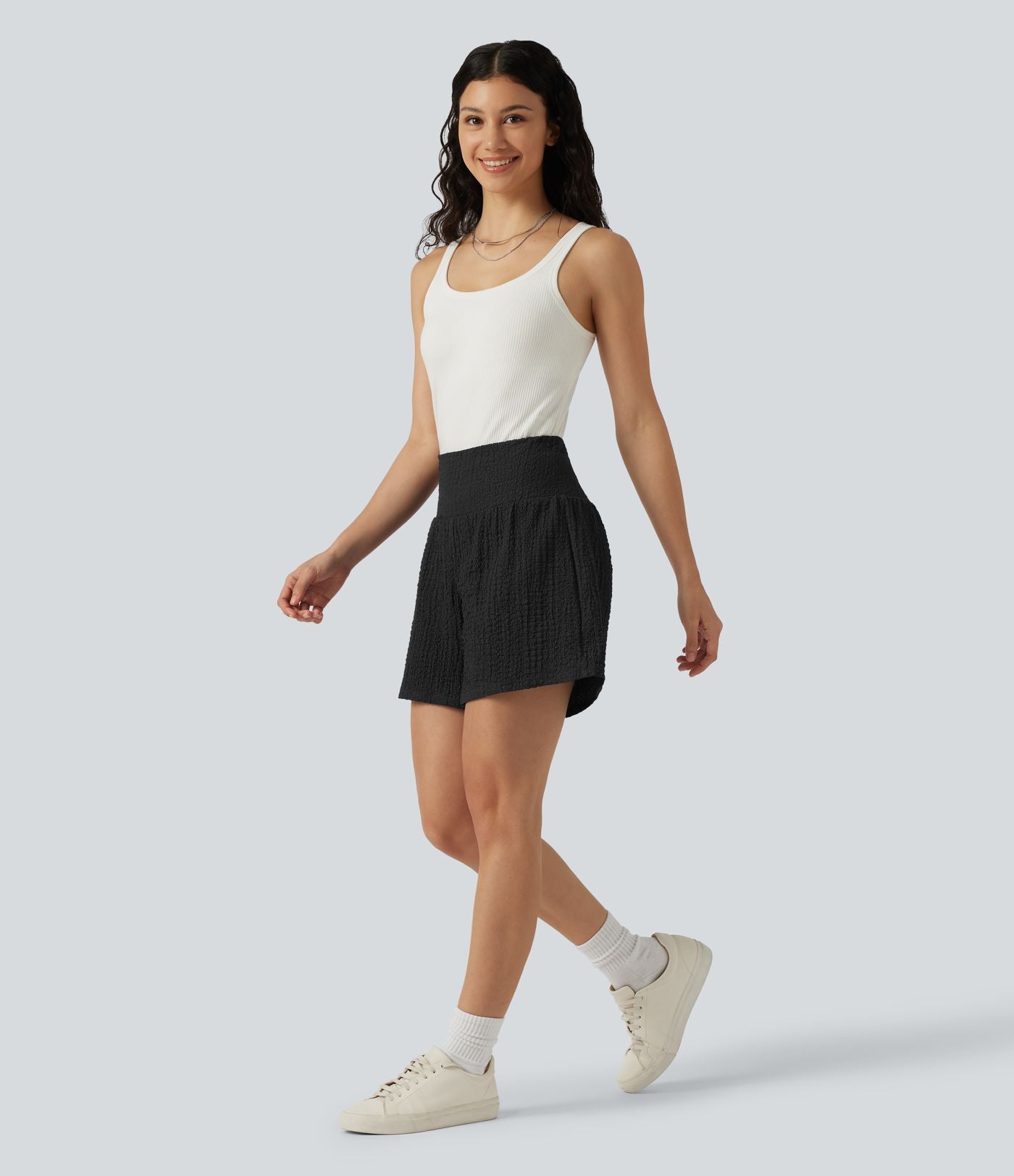 Short baggy 2-en-1 casual en tissu froissé taille haute avec poches