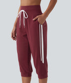 Jogging casual capri à rayures taille haute avec cordon de serrage et poches