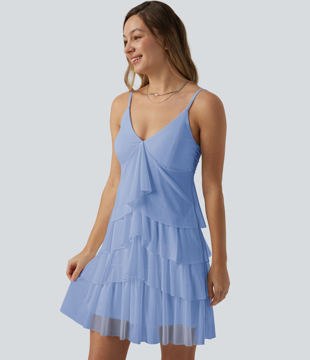 Robe nuisette courte décontractée à volants, dos nu croisé, empiècement en résille, brassière intégrée et poches