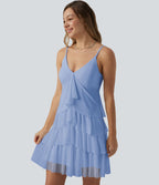 Robe nuisette courte décontractée à volants, dos nu croisé, empiècement en résille, brassière intégrée et poches