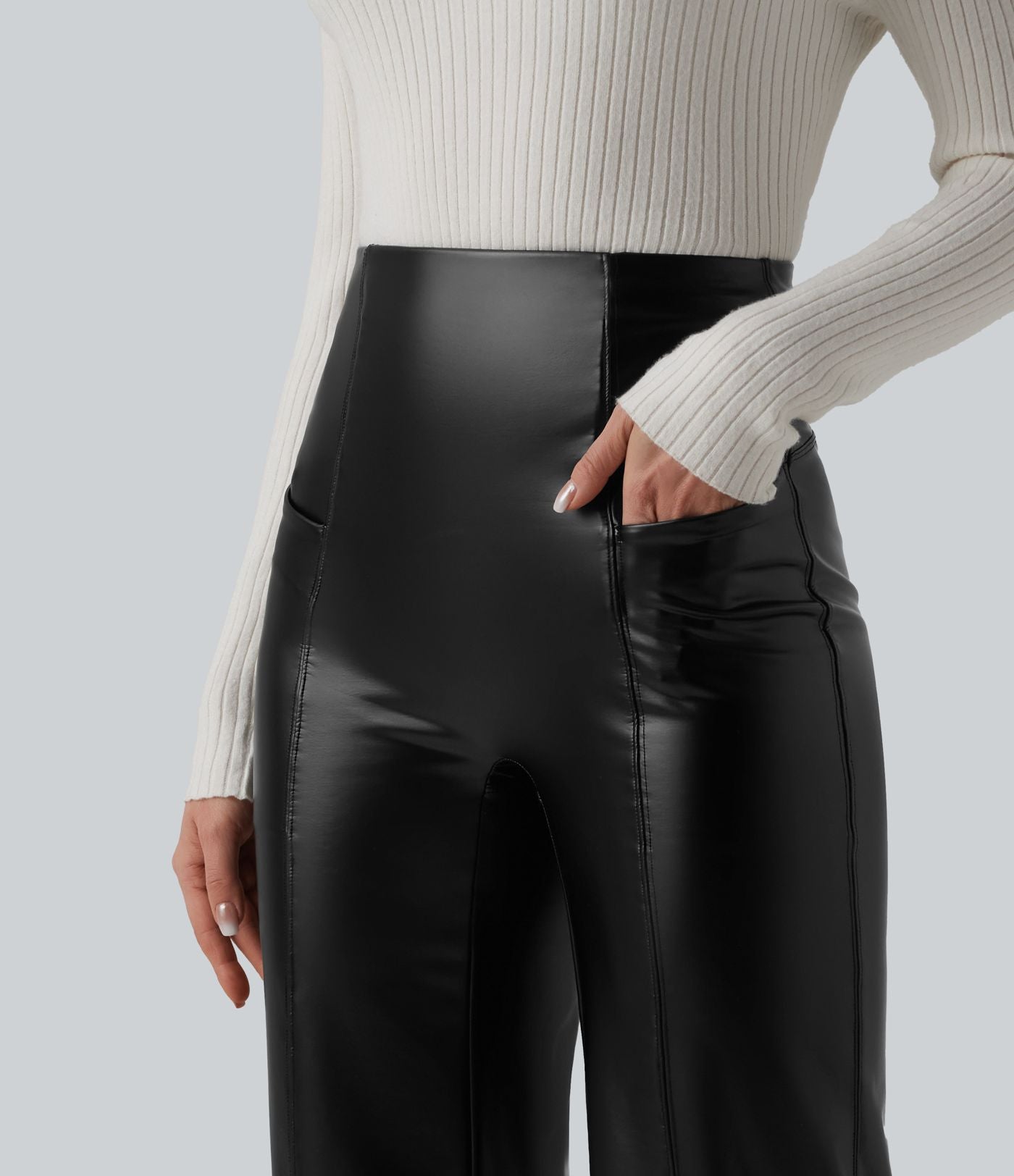 Pantalon similicuir évasé gainant taille haute stretch avec poches