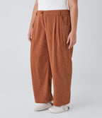 Pantalon Casual Grande Taille Velours Côtelé Taille Mi-haute Boutonnés Fermeture Éclair Poches Latérales