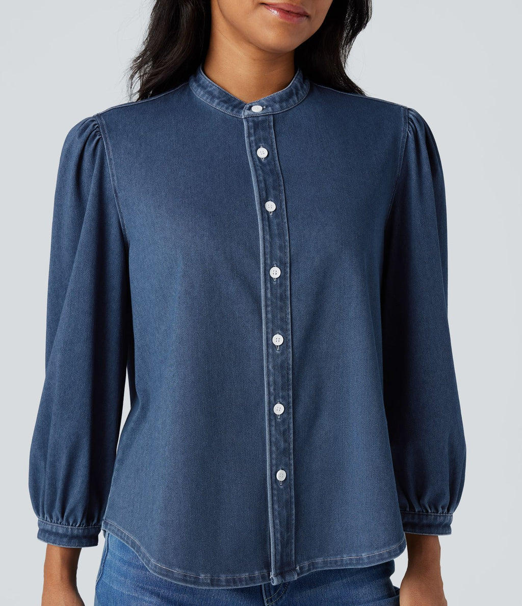 Chemise denim Halara Flex™ col montant manches 3/4 bouffantes