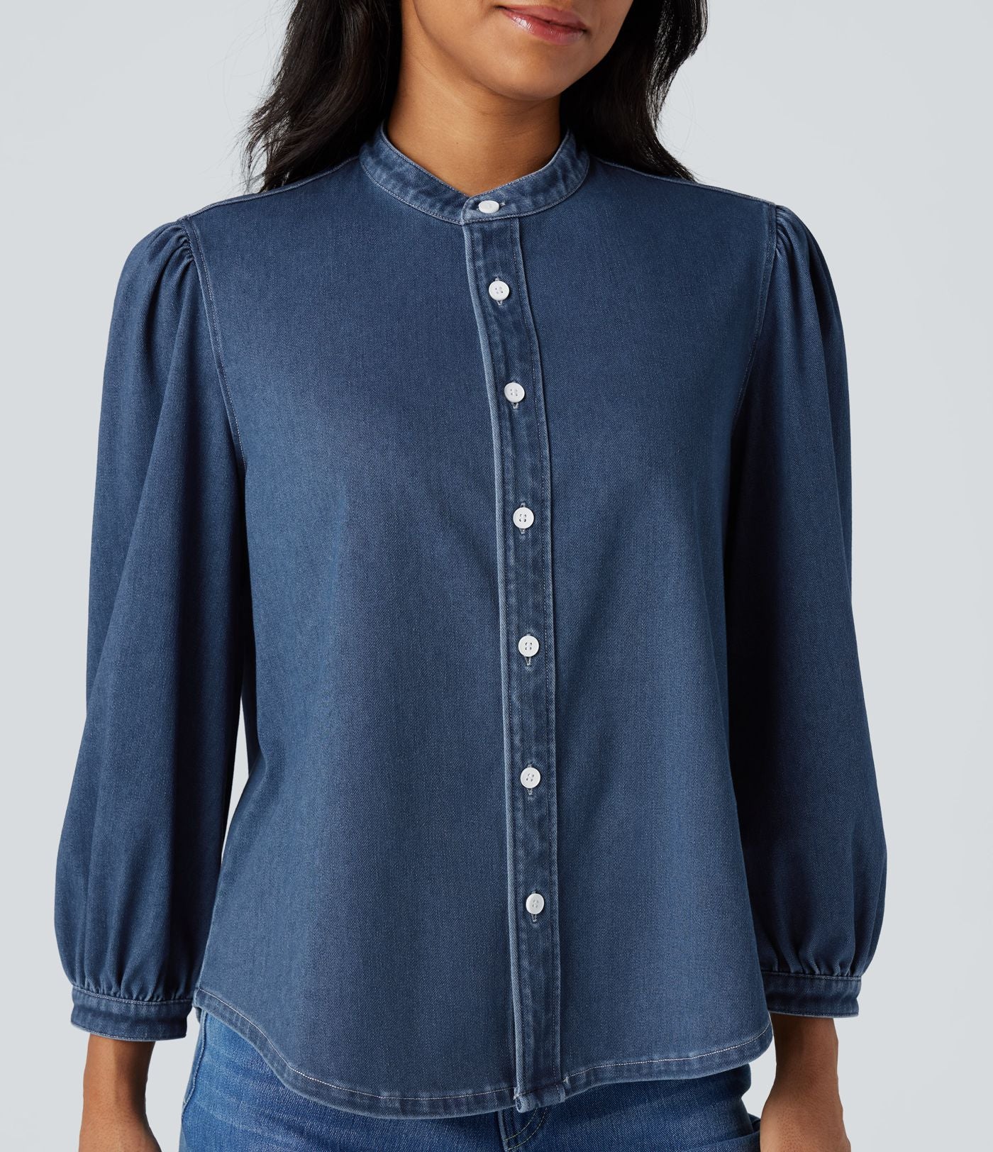 Chemise denim Halara Flex™ col montant manches 3/4 bouffantes
