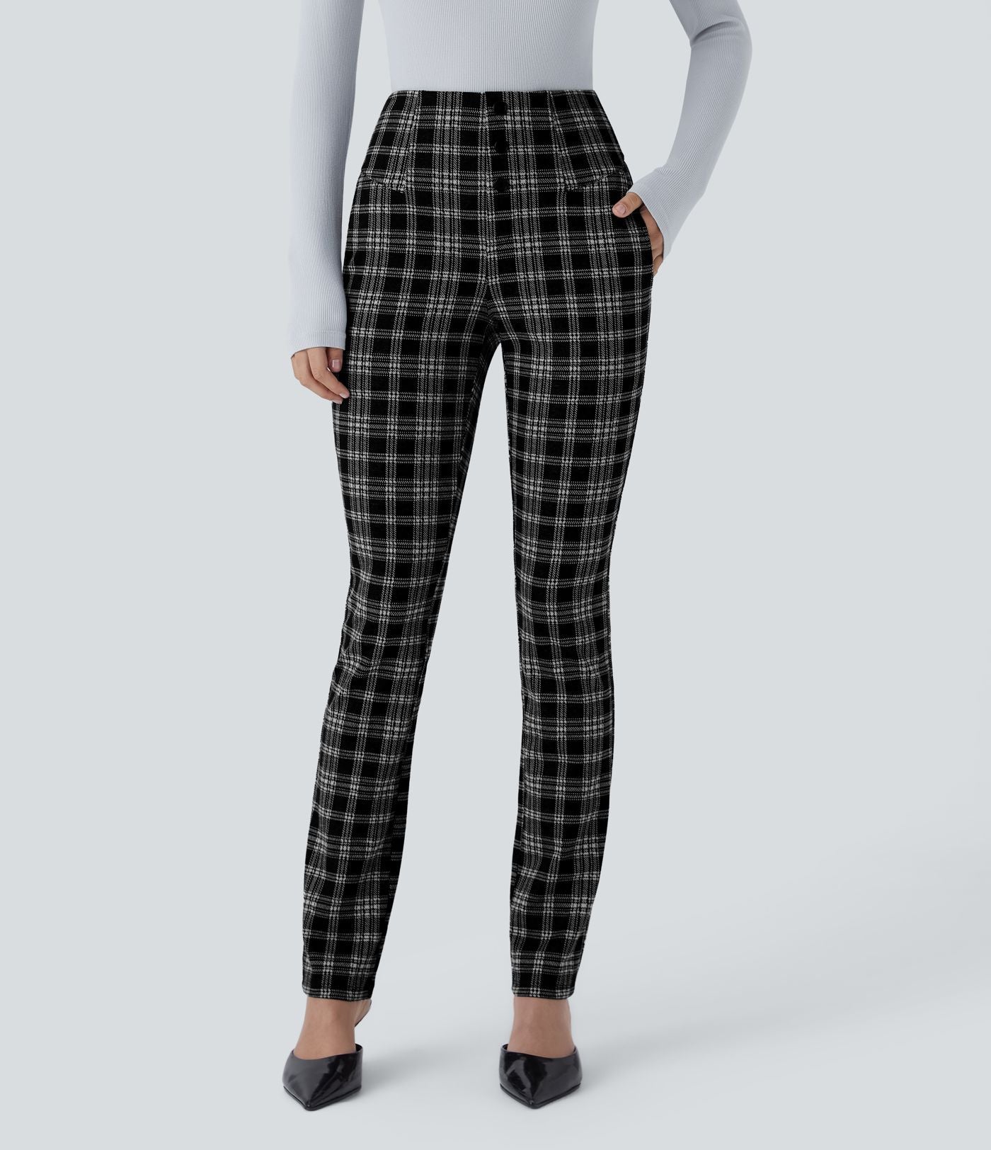 Halara Flex™ Pantalon tailleur Cintrés à Taille Haute avec Boutons Décoratifs Poches Latérales et Imprimé Pied-de-Poule