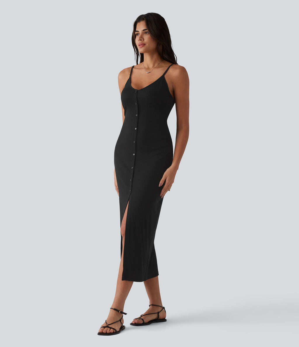 Robe nuisette casual midi moulante côtelée à bretelles réglables avec boutons décoratifs et fente
