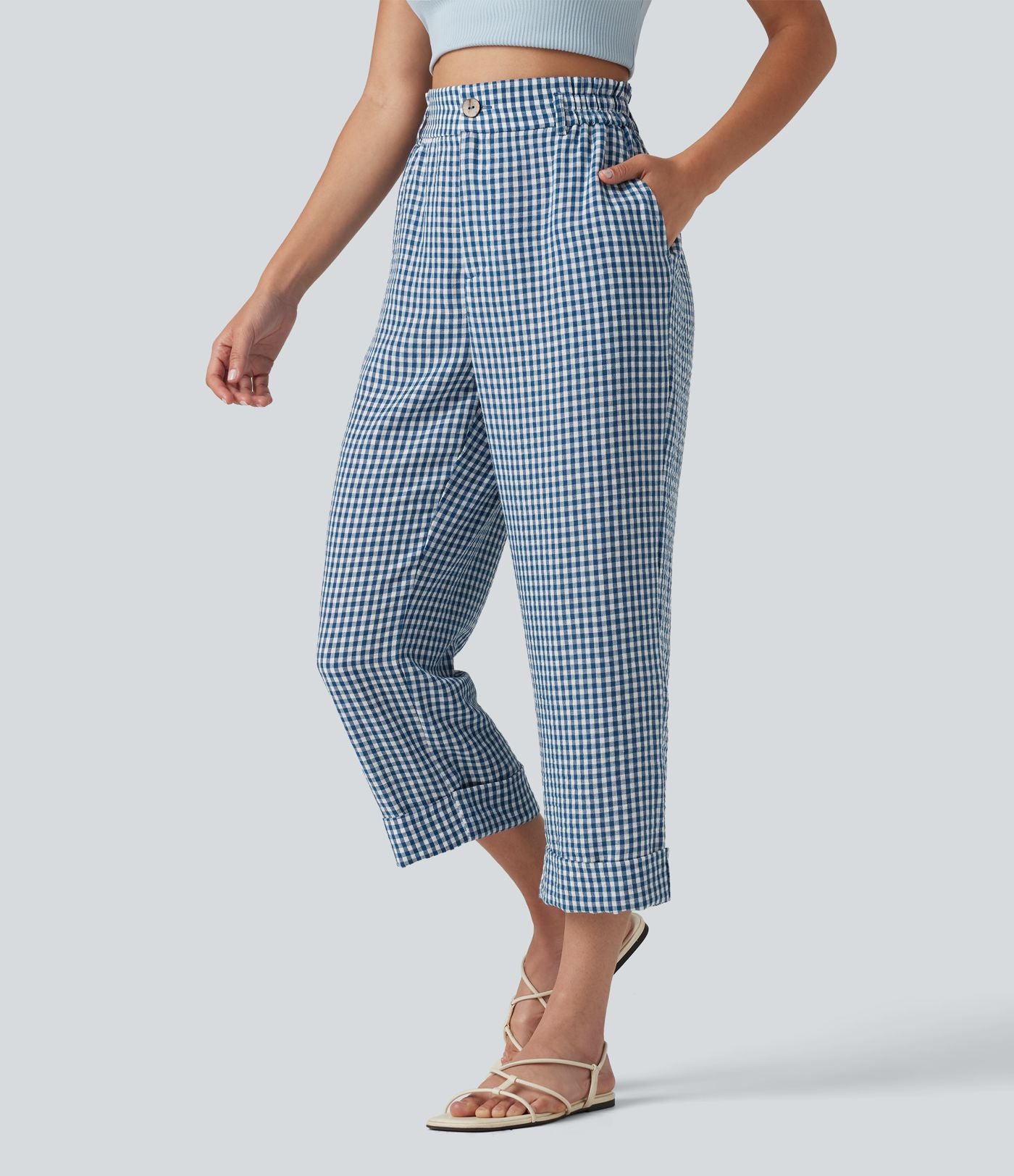 Pantalon 7/8 décontracté aspect lin à carreaux taille haute avec poches