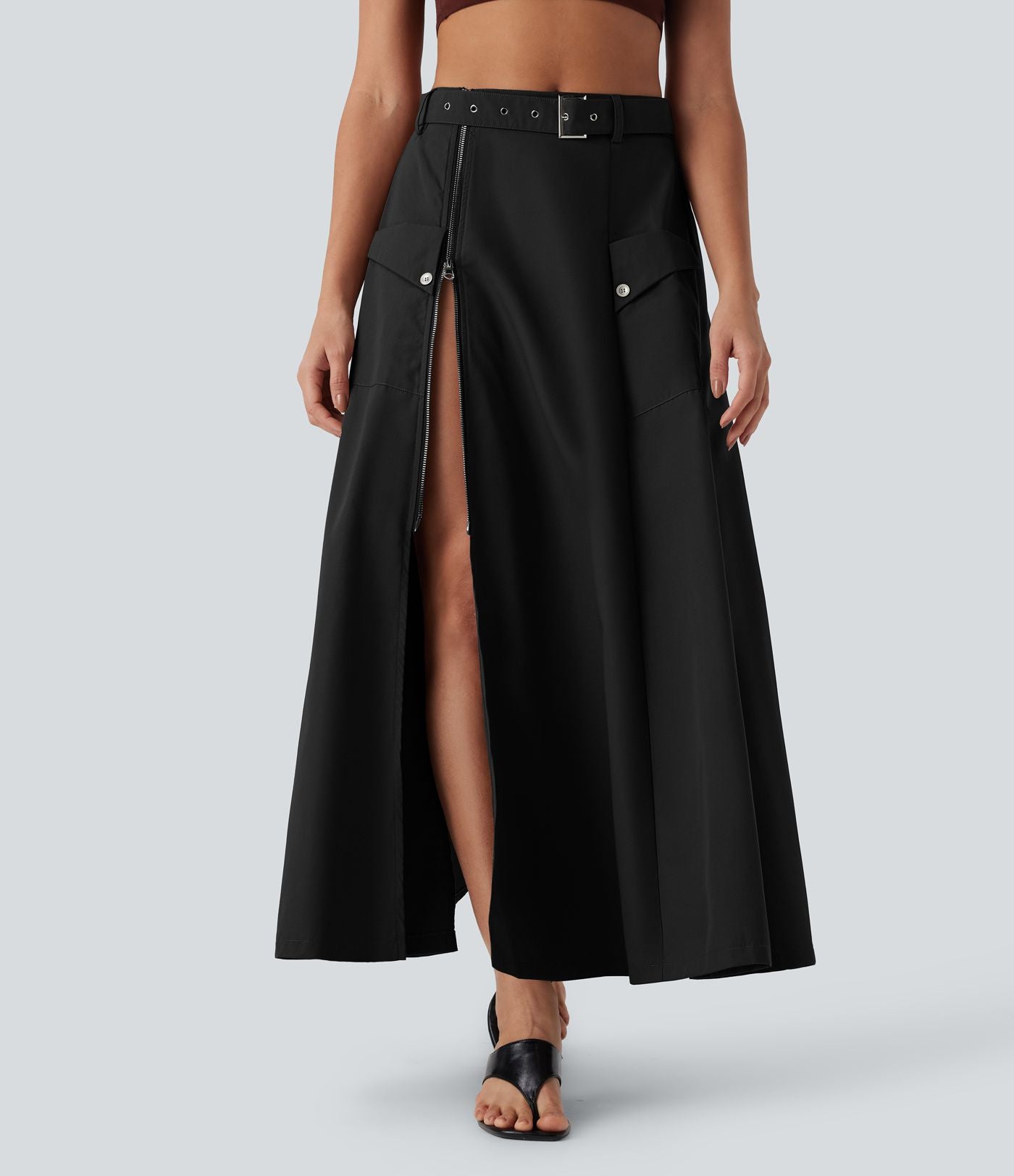 Jupe longue décontractée taille mi-haute avec ceinture fermeture éclair fente et poches latérales
