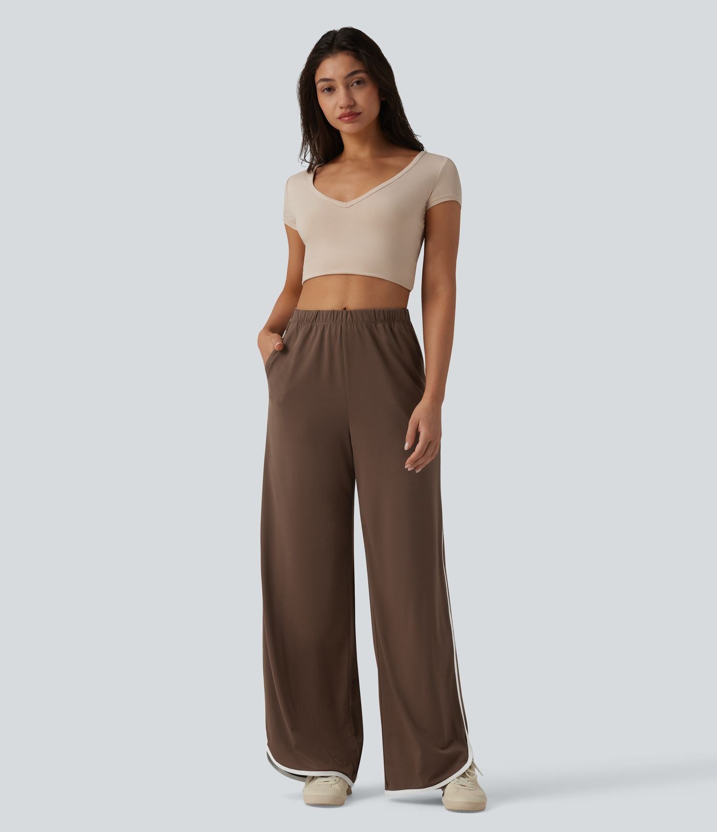 Pantalon large casual color block taille haute à ourlet arrondi avec poches