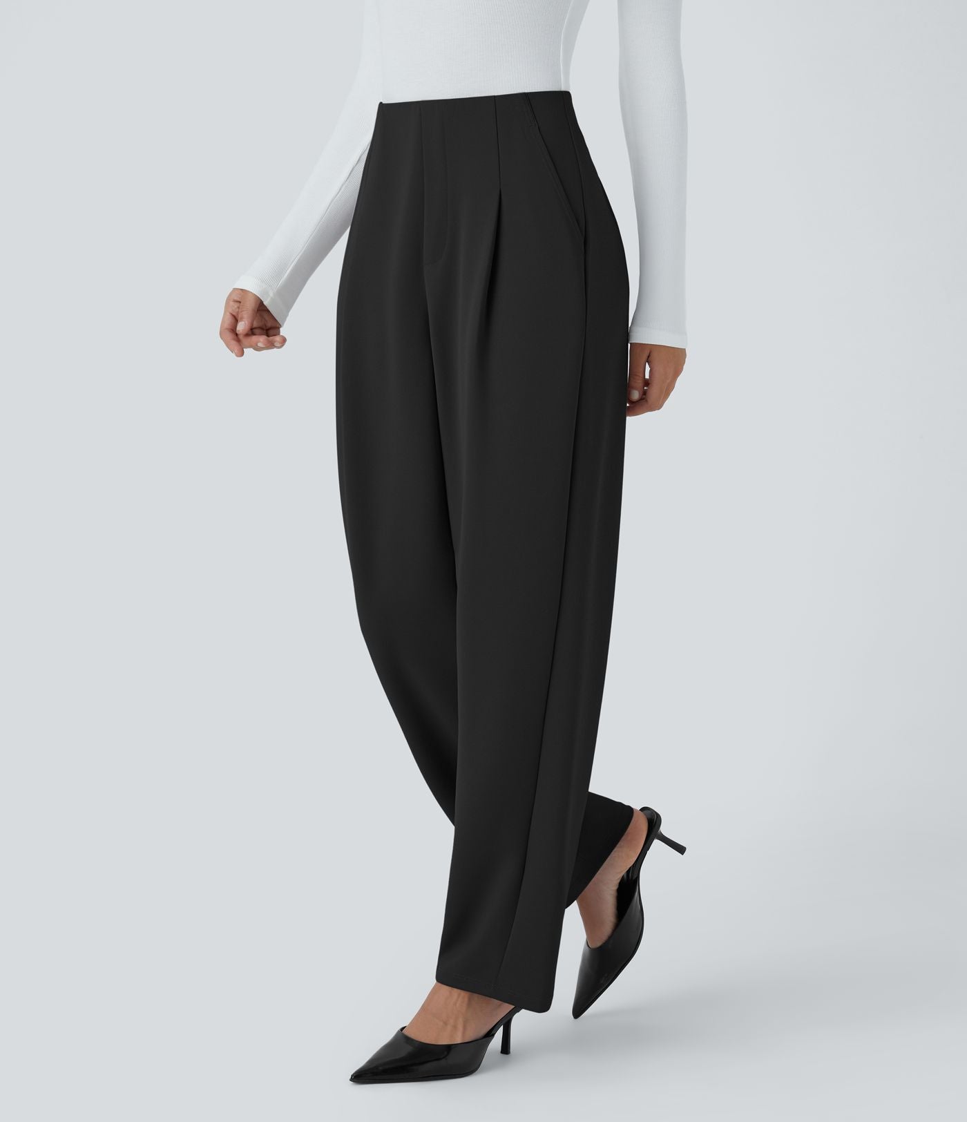 Pantalon décontracté barrel droit en crêpe, taille haute, avec poches