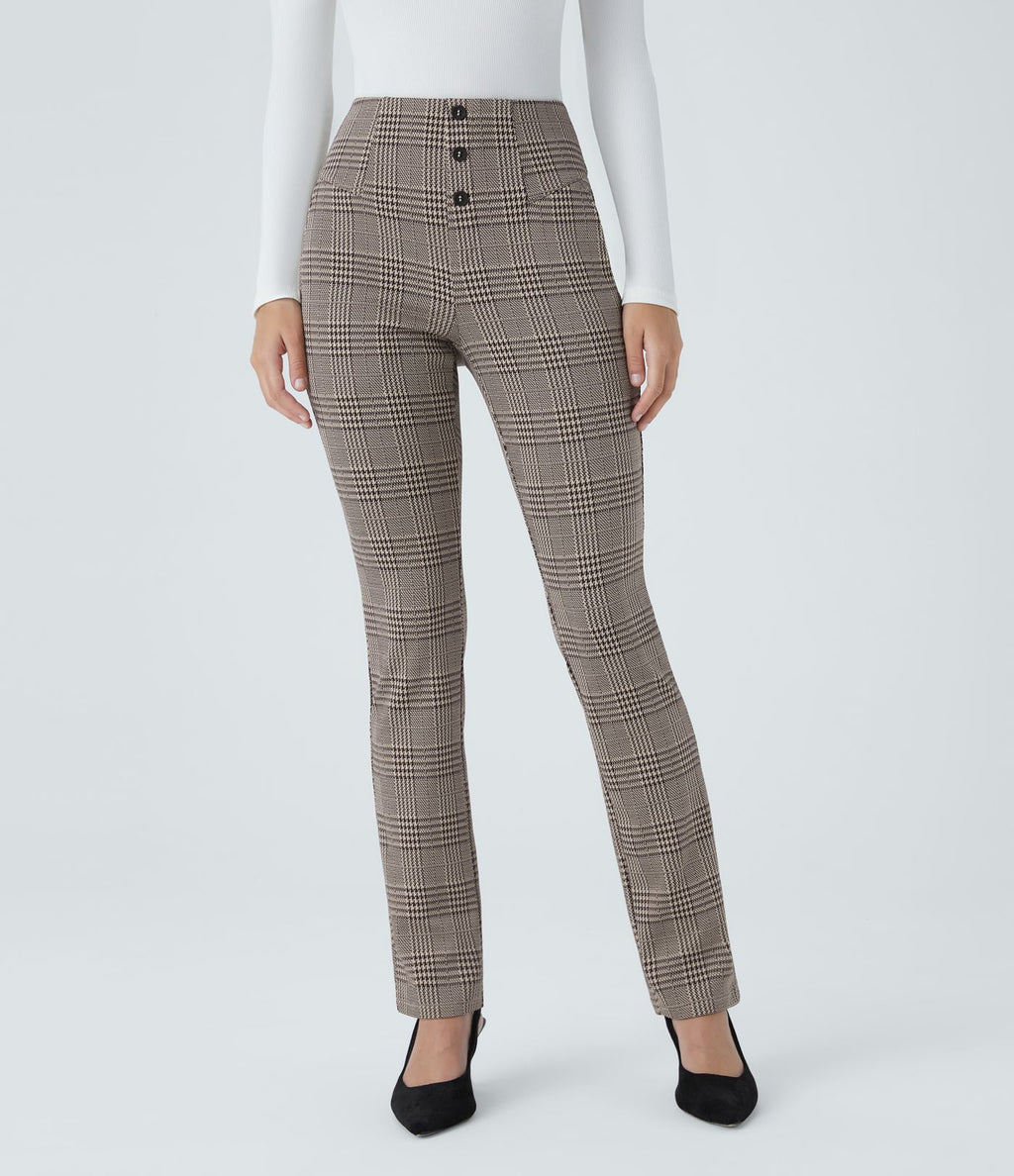 Halara Flex™ Pantalon tailleur Cintrés à Taille Haute avec Boutons Décoratifs Poches Latérales et Imprimé Pied-de-Poule