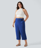 Pantalon de villégiature capri effet lin, grande taille, taille haute, avec poches