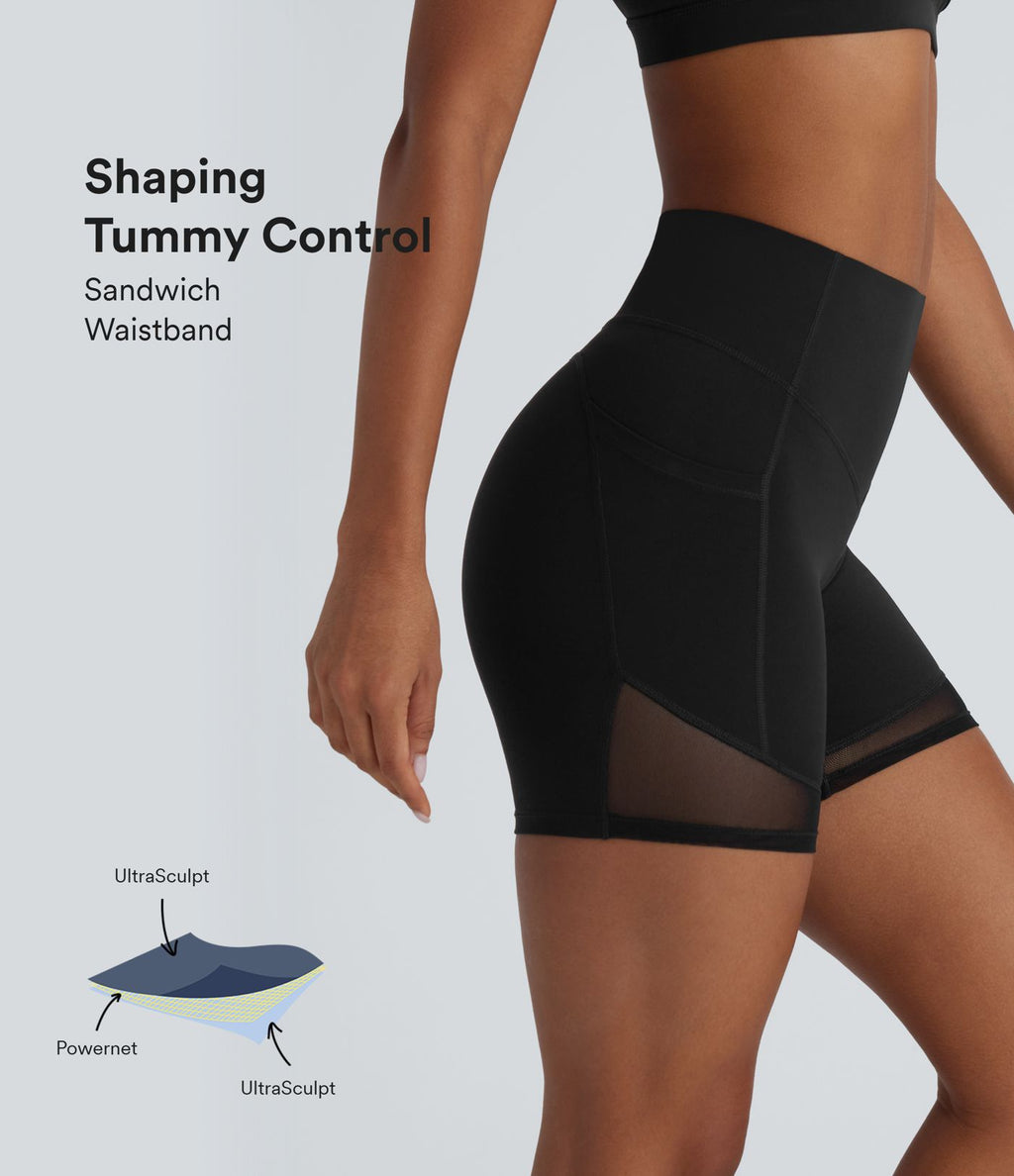 Short cycliste 12,5 cm d'entraînement gainant taille haute avec empiècements résille contrastés et poches Halara UltraSculpt™