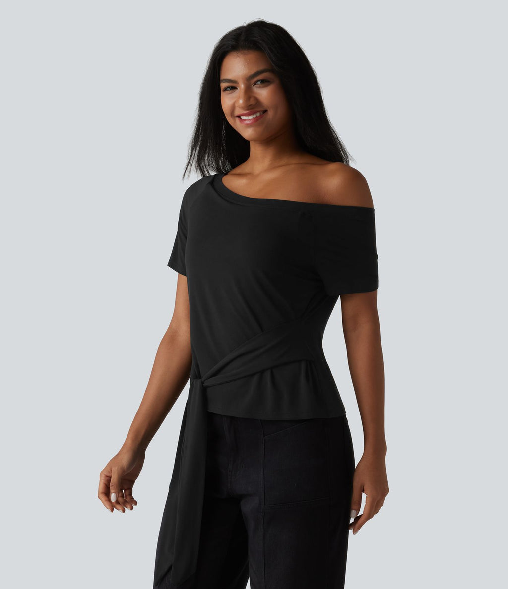 T-shirt décontracté asymétrique manches courtes soutien-gorge intégré nœud devant