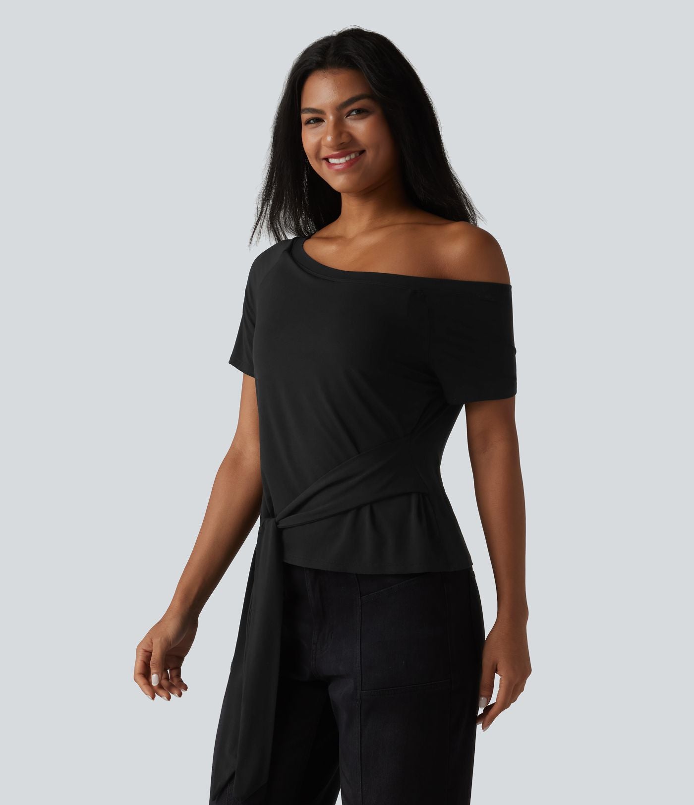 T-shirt décontracté asymétrique manches courtes soutien-gorge intégré nœud devant