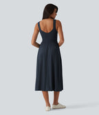 Robe midi fluide sans manches dos croisé, avec brassière intégrée (Bonnets E-G) et poches