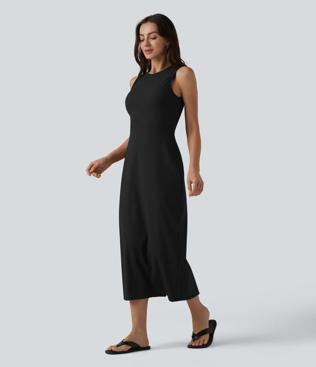 Robe midi moulante décontractée côtelée à col rond sans manches avec soutien-gorge intégré
