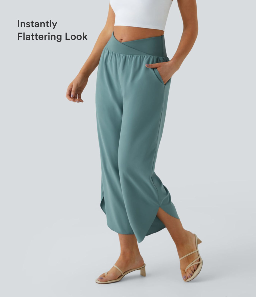Breezeful™ Pantalon Fluide Vacances Séchage Rapide Taille Haute Croisée Poches Latérales Plissées Fente