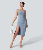 Robe corset midi moulante ruchée à encolure carrée, dos nu, brassière intégrée