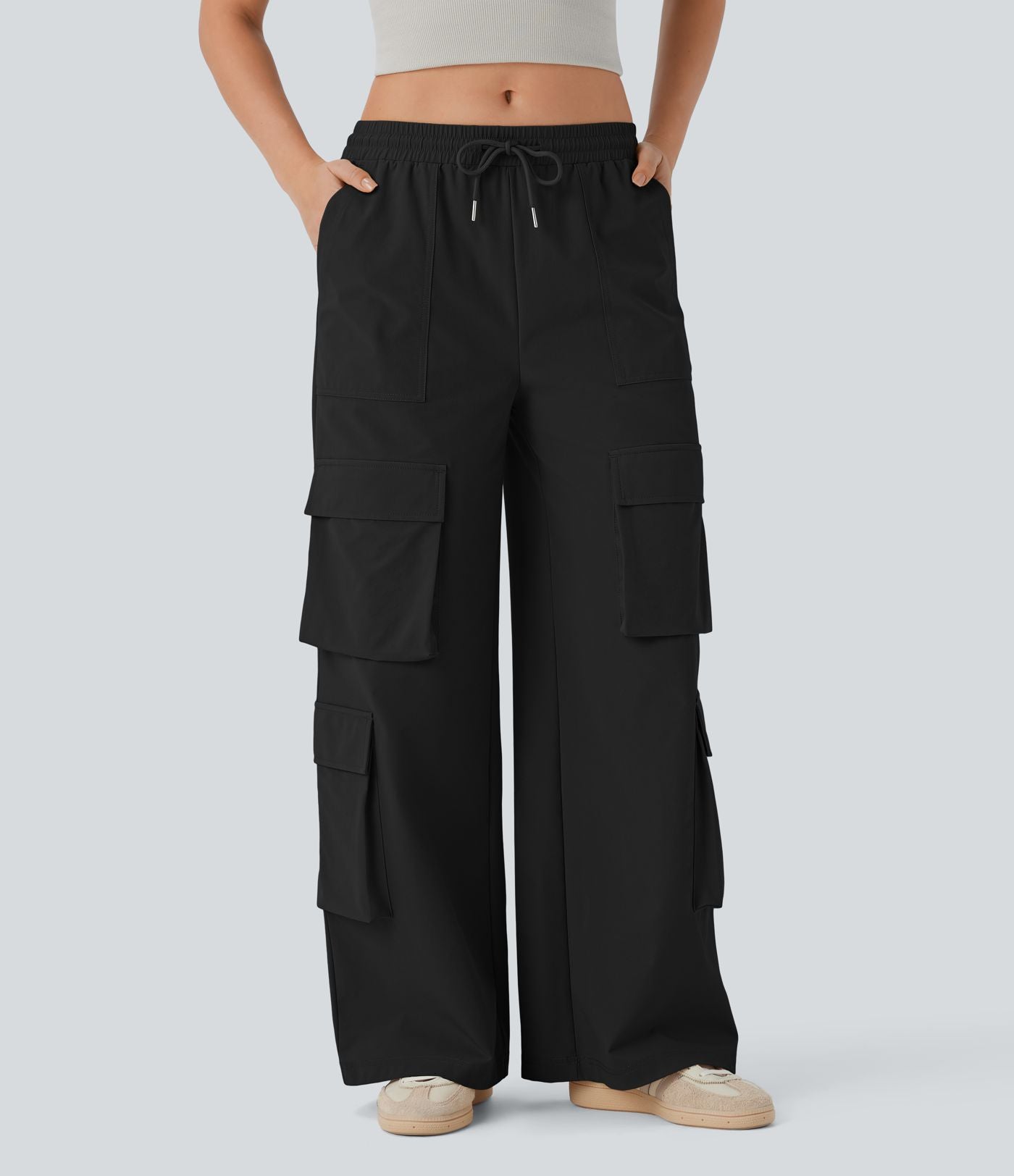 Pantalon cargo décontracté large à cordon, taille mi-haute, avec poches