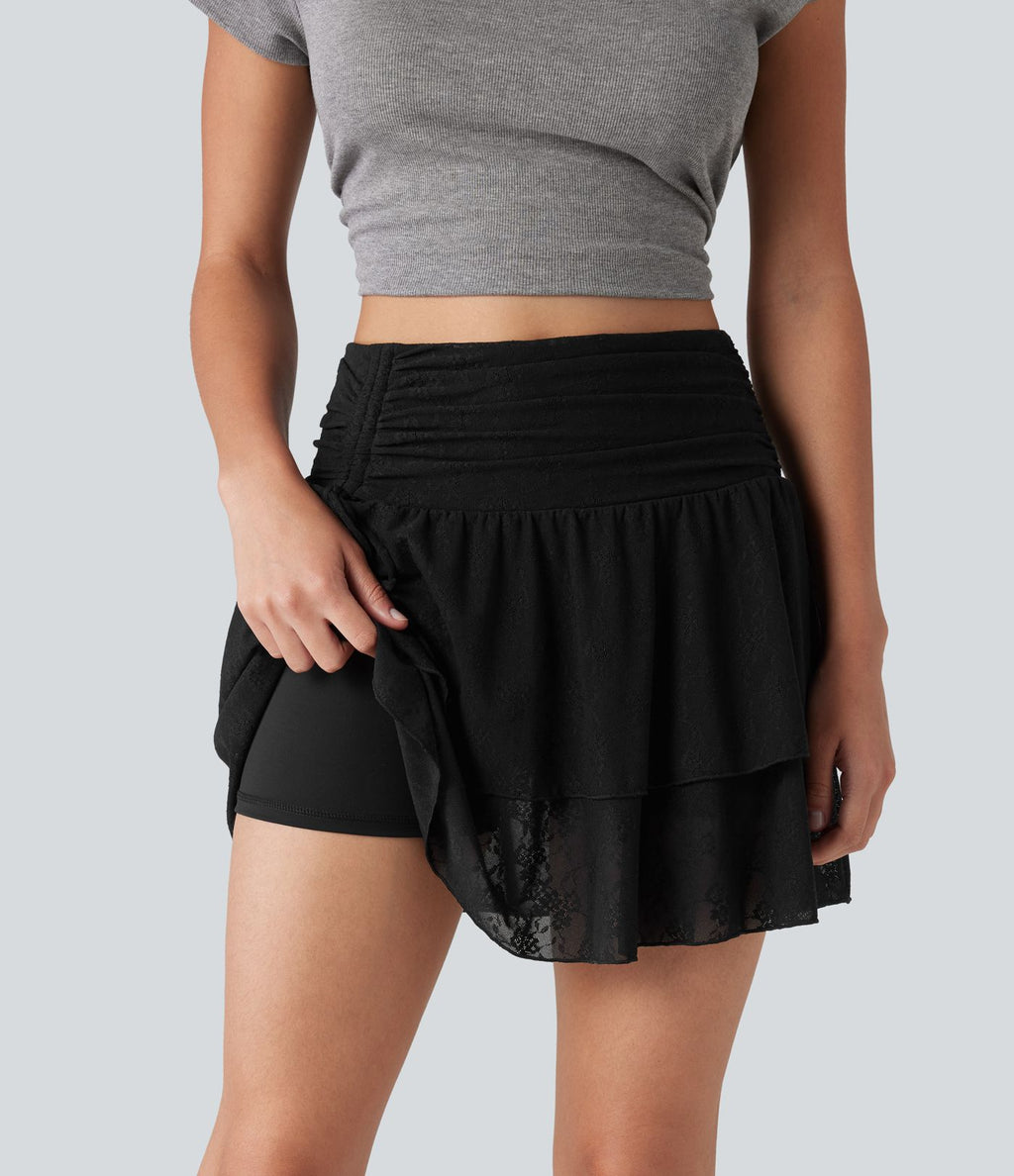 Jupe casual 2-en-1 à volants taille haute avec cordon de serrage et dentelle