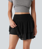 Jupe casual 2-en-1 à volants taille haute avec cordon de serrage et dentelle