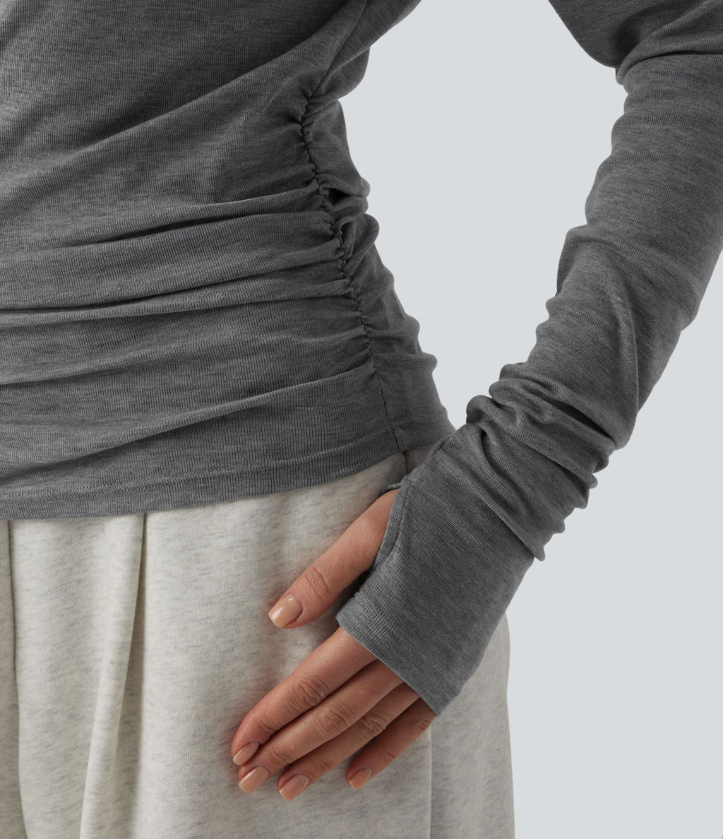 T-shirt décontracté asymétrique en mélange de laine à une épaule et manches longues