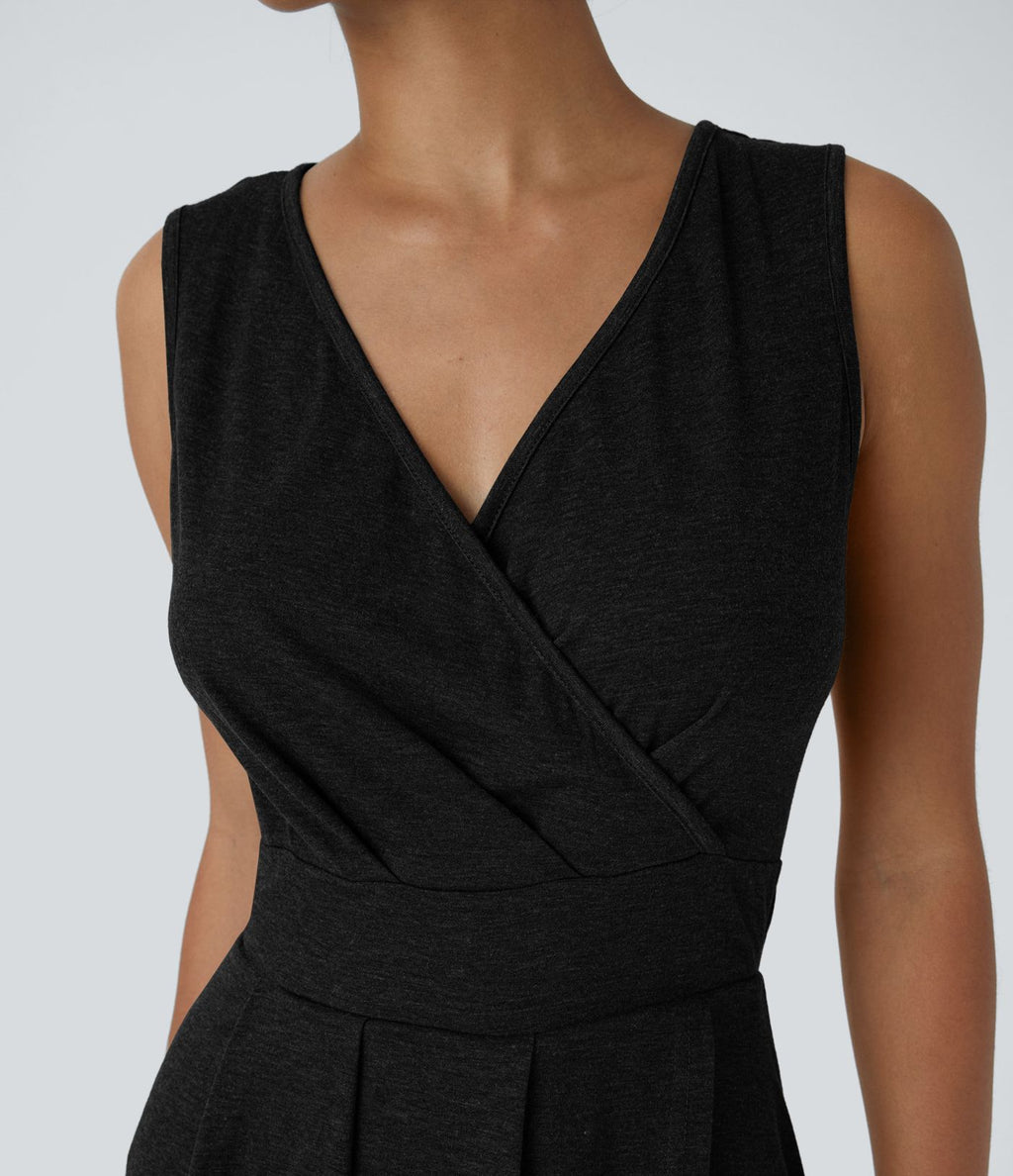 Robe Mi-Longue Plissée Décolleté Plongeant Sans Manches Haut Bas Ourlet Croisé