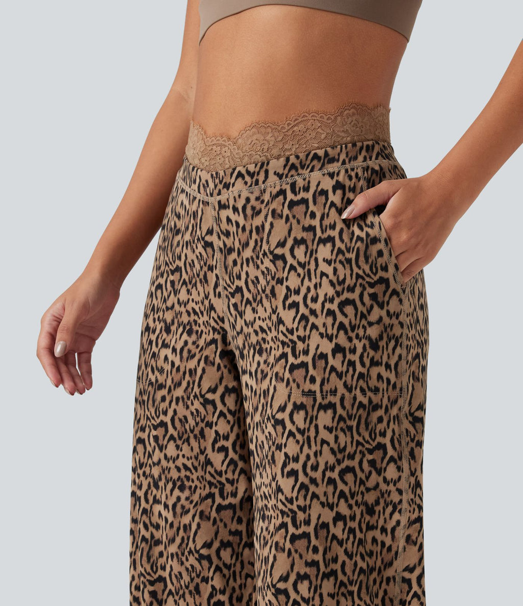 Pantalon de yoga droit taille haute Halara UltraSculpt™ léopard avec dentelle contrastée et poches
