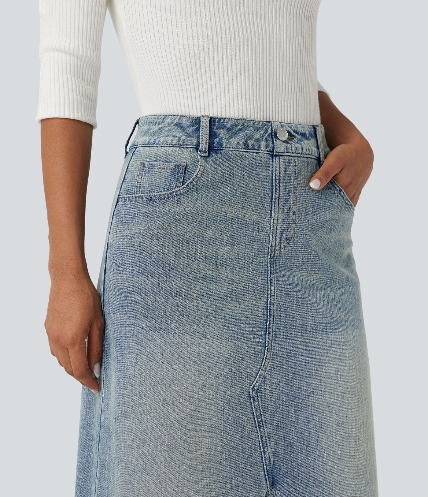 Jupe denim mi-longue Halara Flex™ évasée taille mi-haute mesh léopard contrastant avec poches