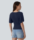 T-shirt décontracté maille côtelée col carré manches papillon froncé