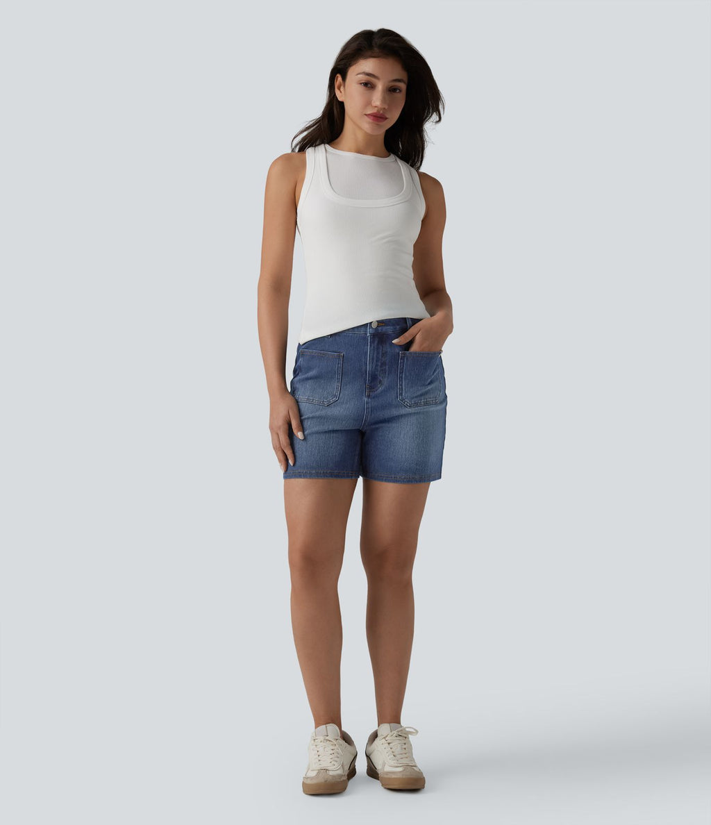 Short denim décontracté Halara Flex™ délavé taille haute 10 cm avec poches