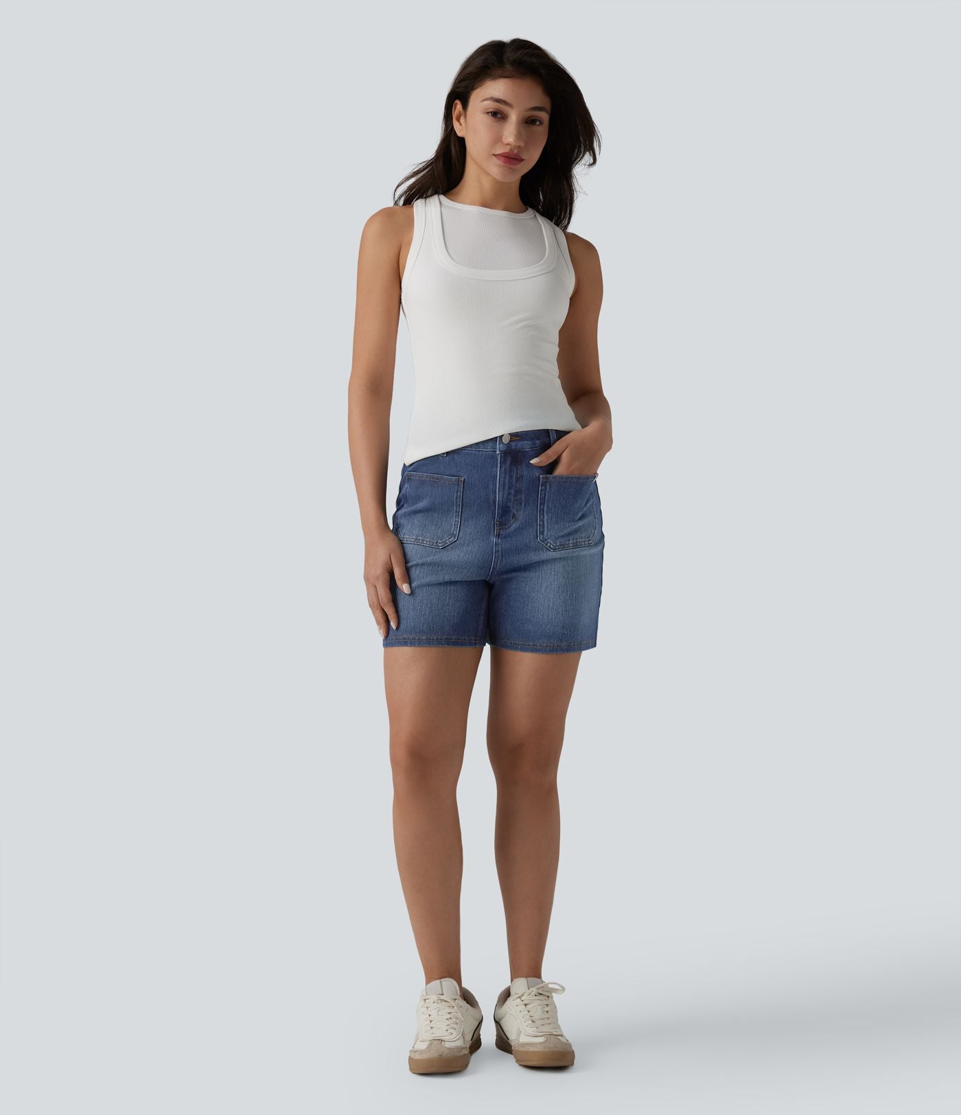 Short denim décontracté Halara Flex™ délavé taille haute 10 cm avec poches