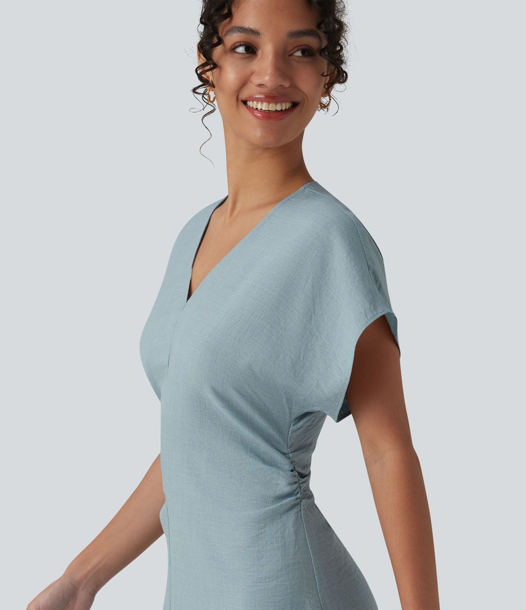Robe longue tailleur évasée col V à manches courtes avec fermeture éclair invisible et drapé froncé