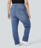 Jean décontracté Halara Flex™ grande taille, taille haute, multiples poches, jambes droites, effet délavé, en maille extensible