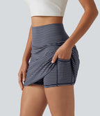 Mini-jupe de golf 2 en 1 à rayures, taille ultra haute, effet ventre plat, ourlet arrondi et poches