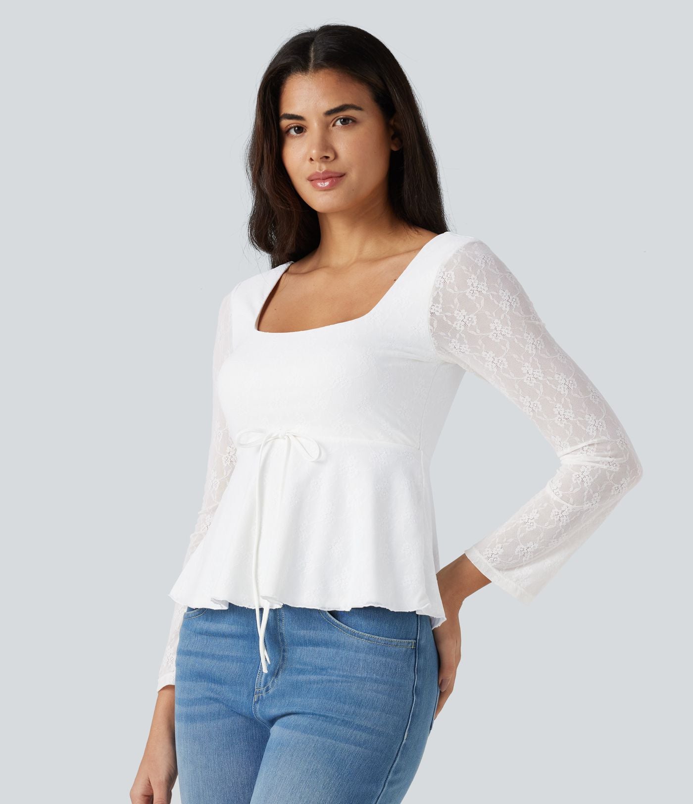 Top babydoll de soirée col U à manches longues avec dentelle contrastante et cordon de serrage