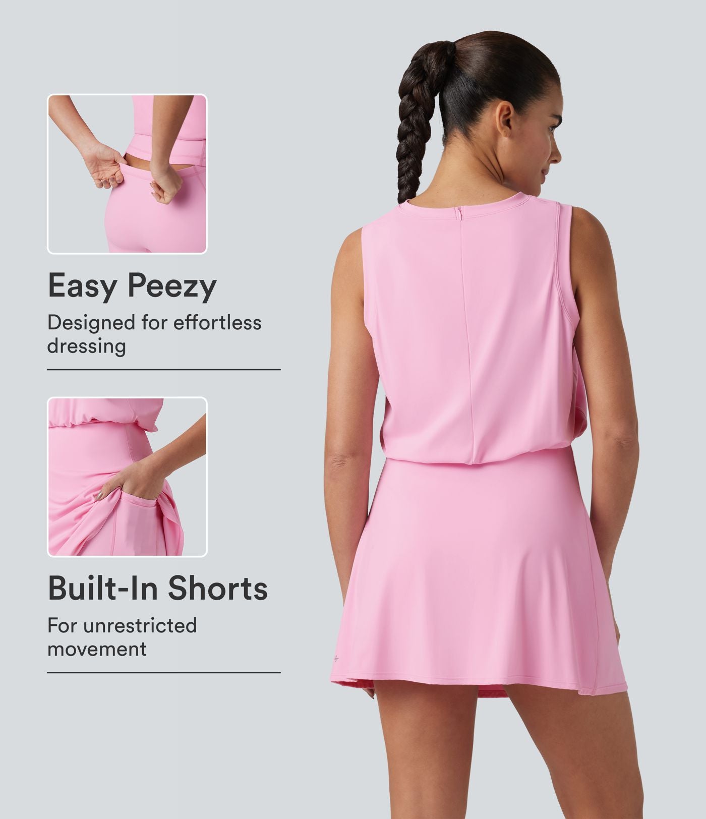 Robe de sport mini de yoga SoftlyZero™ col rond sans manches 2-en-1 effet frais InstantCool avec poches, accès facile Easy Peasy