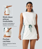 Robe active mini 2 pièces à col rond, sans manches, cordon ajustable, bandes latérales, poches et protection solaire UPF 50+