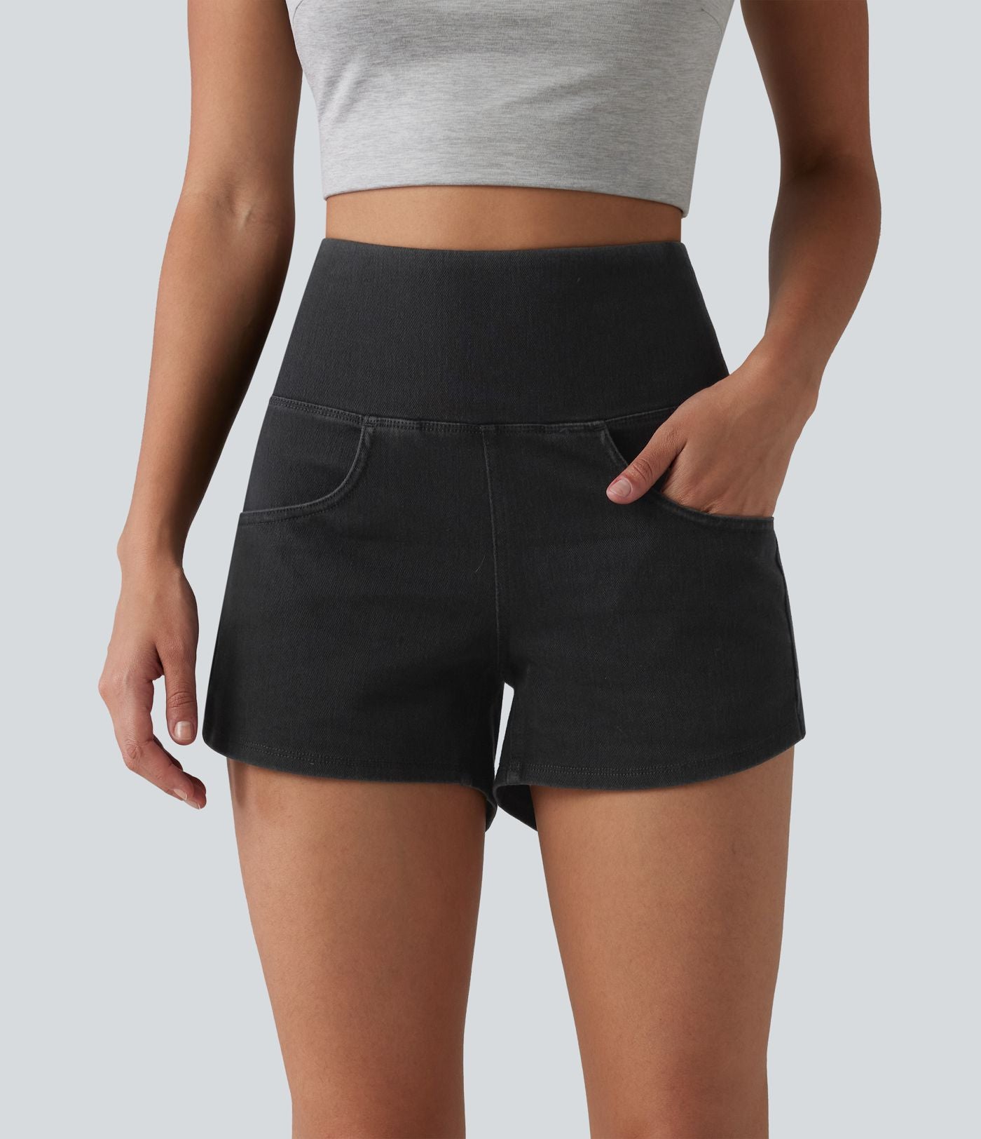 Halara Flex™ Short casual en jean skinny gainant taille haute à ourlet arrondi avec poches