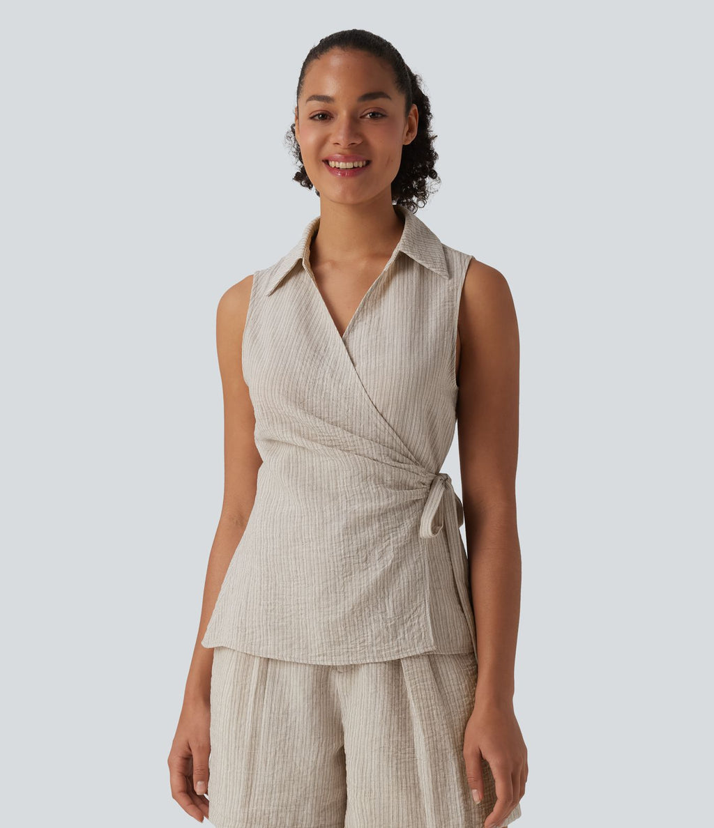 Chemise décontractée aspect lin sans manches col cache-cœur avec lien latéral