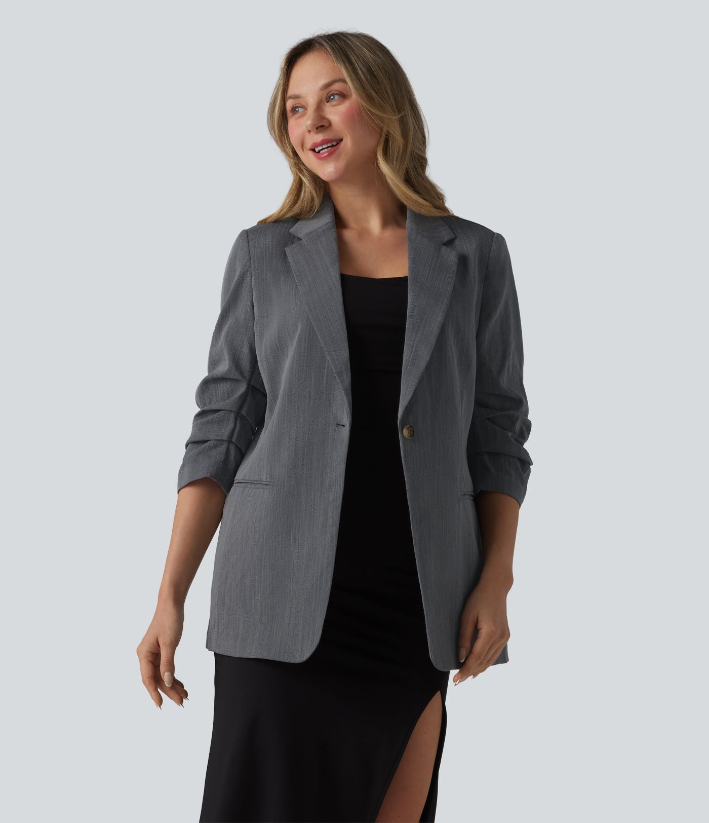 Blazer à manches 3/4 froncées, aspect lin, avec poches, idéal pour le bureau