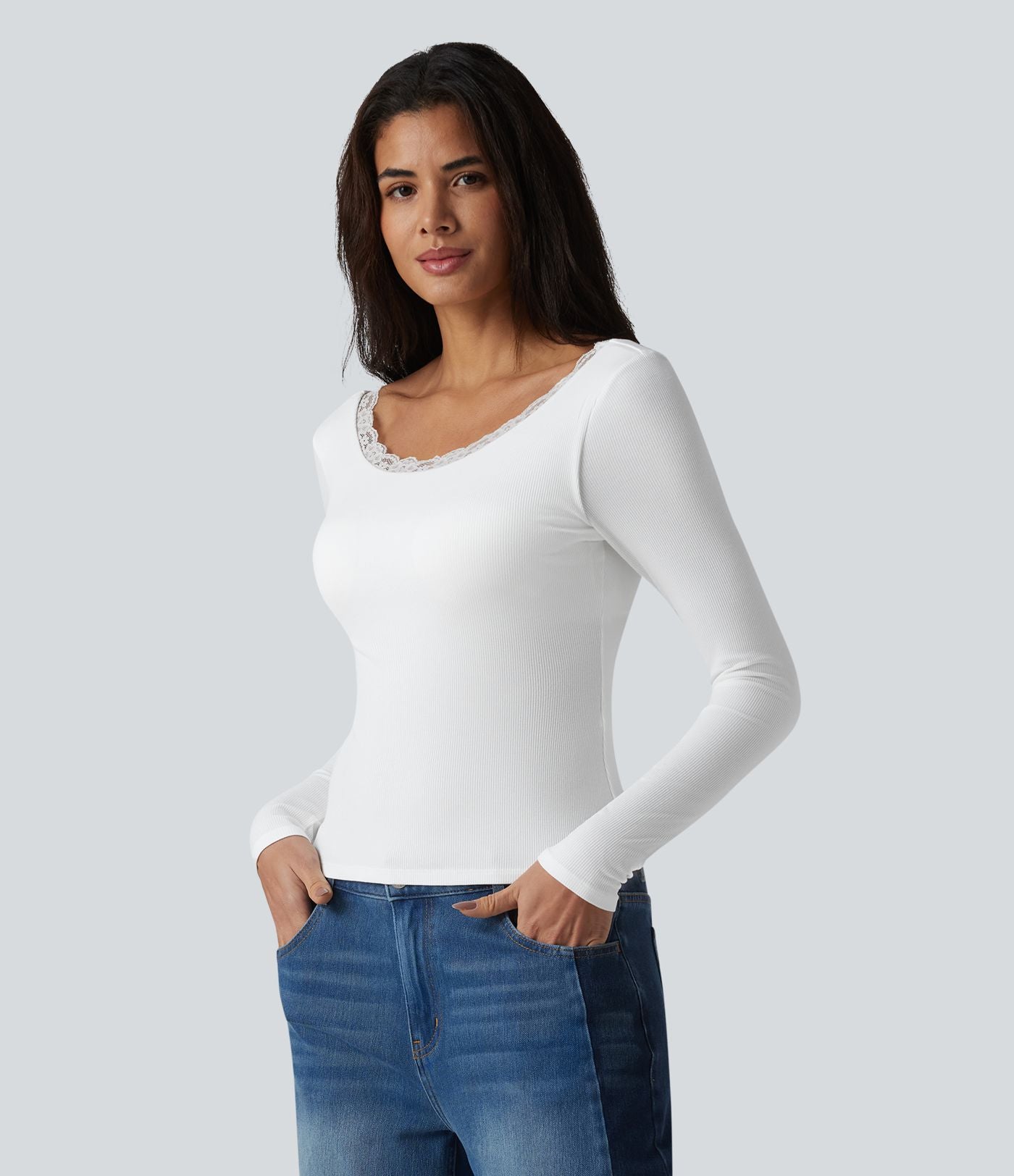 Haut casual en maille côtelée à manches longues, col rond échancré, dos en U, dentelle contrastée et soutien-gorge intégré