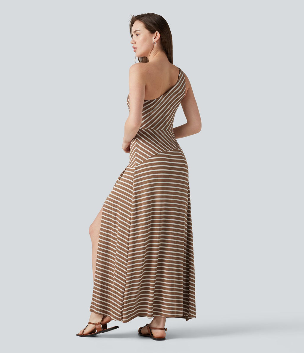 Robe longue décontractée à rayures, asymétrique, sans manches, en maille côtelée, avec poche