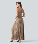 Robe longue décontractée à rayures, asymétrique, sans manches, en maille côtelée, avec poche
