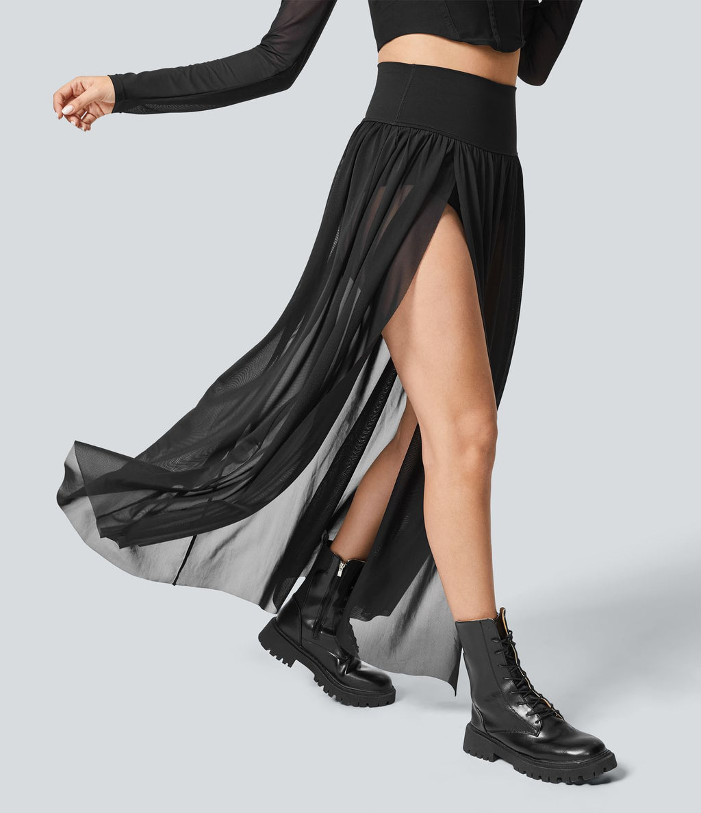 Jupe Casual Taille Haute Maxi Fluide Mesh Fente Plissée 2 en 1