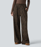 Pantalon léopard velours côtelé imprimé coupe droite mop taille haute avec poches
