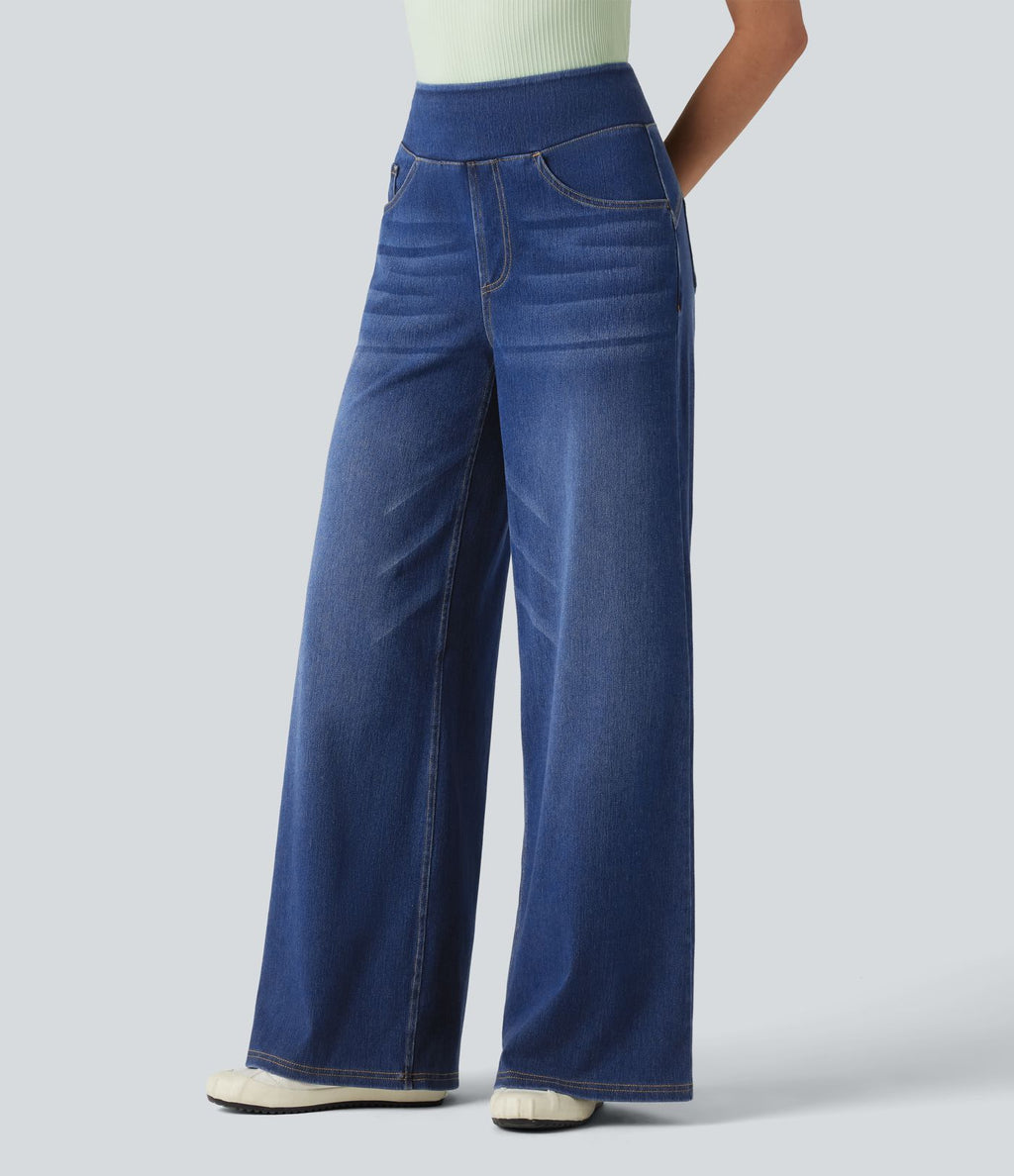 Jean décontracté Halara Flex™ large taille haute effet délavé avec poches